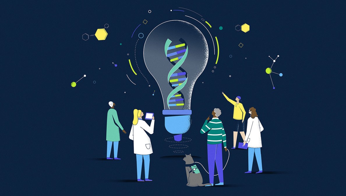 Ilustracija sijalice (ideje) sa DNK i ljudi okolo koji se dive